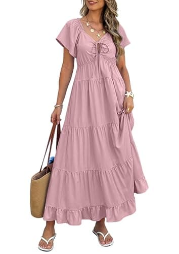 ECOWISH Womens Summer Casual Maxi Dress 2026 Flutter Short Sleeve V Neck Bow Tie Front Wedding Guest Vacation Tiered Flowy Dresses Pink Large - Image 1