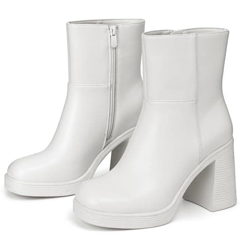 Athlefit Women's Platform Ankle Boots High Chunky Block Heel White Boots Square Toe Fashion Dress Heeled Booties Size 5.5 - Thumbnail 4