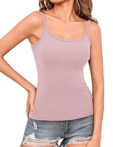 Totatuit Women Basic Ribbed Tank Top Sexy Spaghetti Strap Camisole Cami Slim Fitted Sleeveless Summer Shirts for Teen Girls Cute Scoop Neck Yoga Gym Workout Tanks Pink Large - Image 1