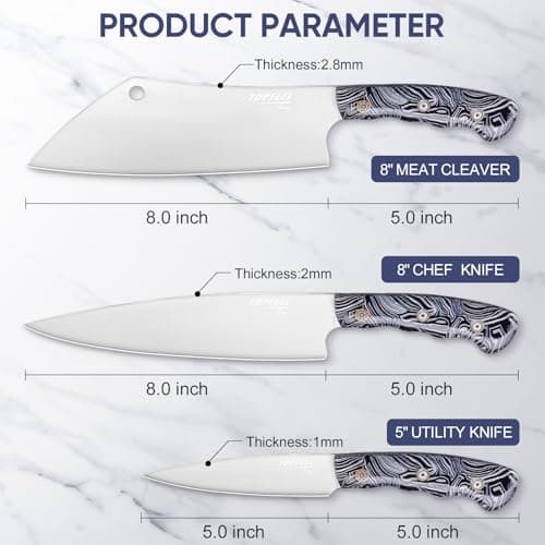 Topfeel 3PCS Professional Chef Knife Set, Ultra Sharp Japanese Kitchen Knife, German High Carbon Stainless Steel 8" Meat Cleaver 8" Chef's Knives 5" Utility Knife with Gift Box - Thumbnail 6