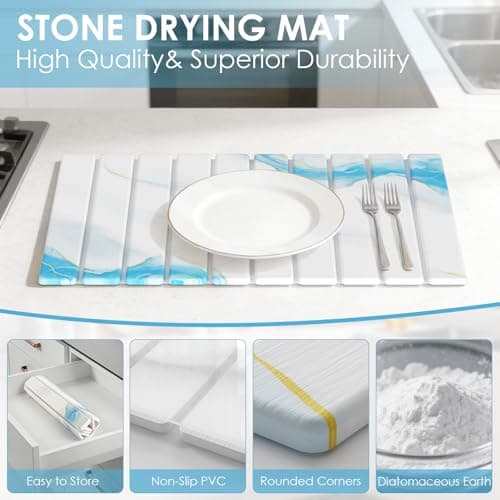 4-Piece Large Stone Dish Drying Mat for Kitchen Counter, 24"x16" Super Absorbent Diatomaceous Earth Drying Mat Set with Faucet Mat & Small Utility Mat, Rollable Quick Dry Pad for Dishes, Cups, Bottles - Thumbnail 4