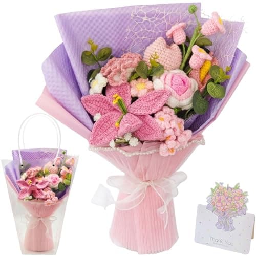 Glazeal Handmade Crochet Flower Bouquet, Artificial Crocheted Flower for Mom Grandma Girlfriend Teahcers with Flower Bag and Card