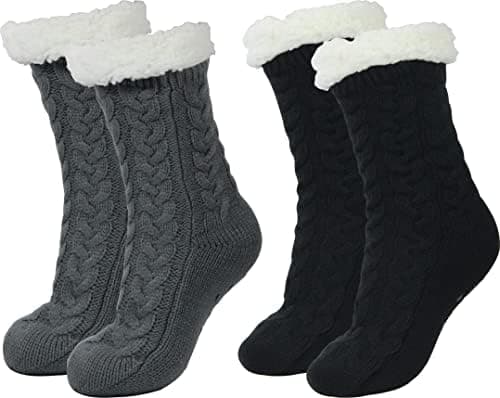 BenSorts Women's Slipper Socks with Grippers House Home Winter Warm Cozy Fuzzy Sherpa Non Slip grips Socks Comfy Soft Christmas Gift Black Grey 2 Pairs - Image 1