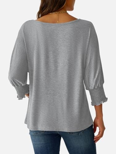 NORACORA Women's 2025 Fashion Tops 3/4 Sleeve T-Shirts Smocked Cuffs Cute Dressy Casual Crewneck Basic Business Tees Blouses Gray XL - Thumbnail 4