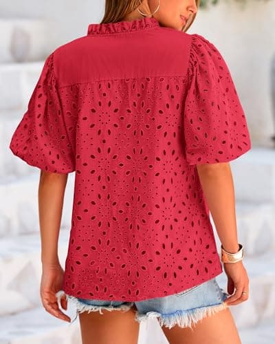 BTFBM Womens Blouses Summer Hollow Out Eyelet Embroidery Tops V Neck Buttons Puff Sleeve Boho Shirts Spring Fashion 2026(Red, Large) - Thumbnail 6