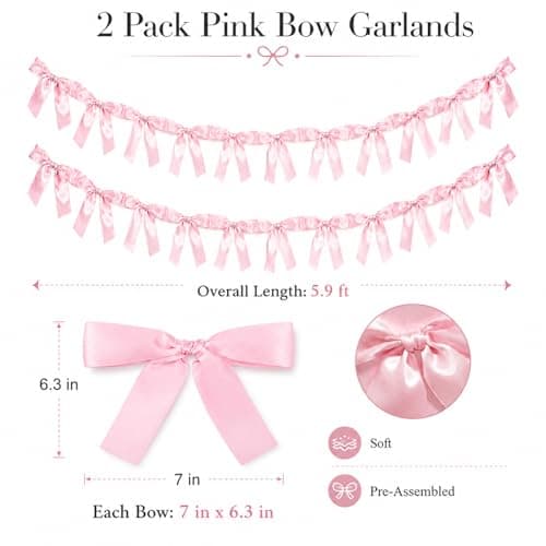 Pink Bow Garland Banner Coquette Birthday Party Decorations, 5.9FT Satin Bow Banner Decorations for Baptism Gift Daughter Nursery Baby Bridal Shower Wedding Favors Engagement Party Supplies - Thumbnail 3
