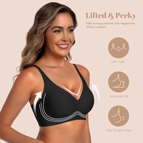 DB MOON Womens Jelly Bras Wireless Seamless Push Up Full Coverage Tshirt Bra No Underwire Supportive Bralette(Black,L) - Thumbnail 3
