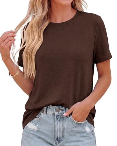KIRUNDO Short Sleeve Tops for Women Summer Trendy Casual Crew Neck Plain T Shirts Soft Knit Basic Tunic Tees Fashion Clothing(Brown, Large) - Image 1