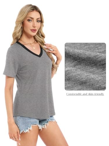 Womens Summer Tops Short Sleeve V Neck T Shirts Loose Fit Blouses Work Plus Size Tunic Vacation Boho Outfits, Grey/Black 3XL - Thumbnail 4