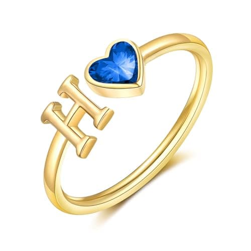 Easter Basket Stuffers-Initial Rings for Women Teen 14K Gold Plated Birthstone Rings Stackable Dainty Letter Rings Christmas Birthday Birthstone Jewelry Gifts for Mother Daughter,Adjustable Size - Image 1