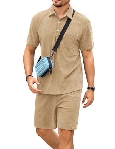 ZAFUL Mens Beach Outfit 2025 Corduroy 1/4 Button Polo Shirt Easter Outfits 2 Piece Set Summer Clothes Beige Large - Thumbnail 2