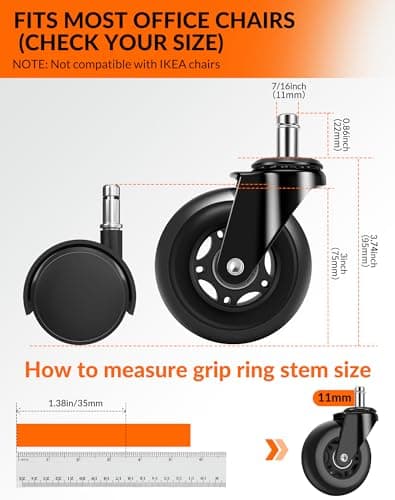 Office Chair Wheels, Outstanding Replacement Roller Blade Wheels for Office Gaming Desk Chairs - 3 Inch Caster Wheel Set of 5 Heady Duty Safe for Hardwood Floors and Carpet, Smooth & Quiet - Black - Thumbnail 4