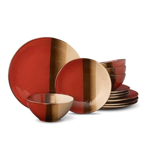 Mimola Ceramic Dinnerware Sets,Handmade Reactive Glaze Stoneware Plates and Bowls Sets,Highly Chip and Crack Resistant | Dishwasher & Microwave Safe Dishes Set,Service for 4 (12pc) (cross pattern) - Image 1