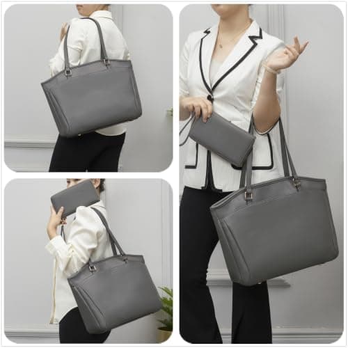 YZAOLL 15.6 Inch Laptop Tote Bag for Women,Water-resistant Vegan Leather with Anti-Scratch Padded Sleeve,Lightweight Multi-Pocket Work Bag for Business Travel,College,Office Essentials,DarkGrey - Thumbnail 2