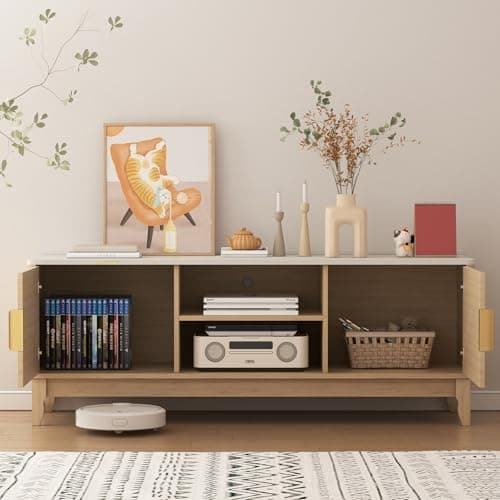 GlouMod TV Stand for TV up to 65 Inches, 55" Entertainment Center with Storage Cabinets and Marble White Top, Fluted Panels, Mid Century Modern Media Console Table for Living Room, Light Wood - Thumbnail 6