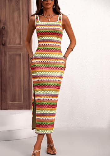 PRETTYGARDEN Tank Dress for Women 2026 Summer Casual Striped Maxi Dresses Fitted Square Neck Beach Vacation Bohemian Sundress (Green,L) - Thumbnail 2