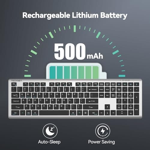 TECKNET Bluetooth Keyboard Rechargeable, 4-Device Free Switching (2.4G+BT), Ultra-Slim Full Size Wireless Keyboard, Quiet Typing, for PC/Laptop/Smart TV/Phone, Adjustable Stand, 12 Multimedia Keys - Thumbnail 4