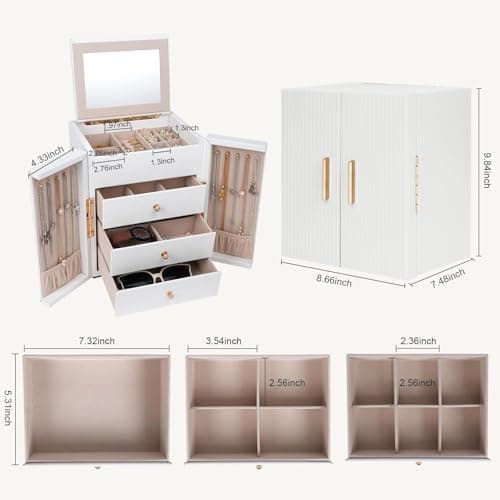 Dajasan Large Jewelry Box for Women, Jewelry Holder Organizer Box with 3 Drawers, 4-Tier Jewelry Storage Organizer with Mirror for Necklace Ring Bracelet Watch, Gift Idea (White) - Thumbnail 2
