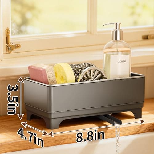 MOUKABAL Sponge Holder for Kitchen Sink – Rustproof Stainless Steel, 360° Rotating Drain Pipe, Large Counter Organizer with Drip Tray for Sponges, Brushes & Dish Cloths Grey - Thumbnail 3