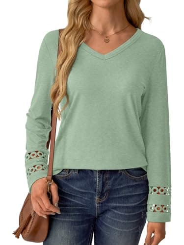 GKBK Women’s Long Sleeve V Neck Tunic Top Casual Dressy Blouse Business Loose Fit Trendy 2025 Fall Outfits Light Green XL - Thumbnail 4