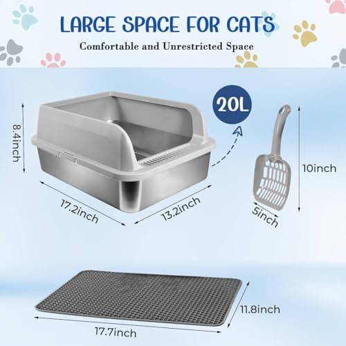 Stainless Steel Cat Litter Box with Lid, High Wall Kitty Litter Box for Small Cats, Metal Kitty Litter Box, Non-Sticky, Anti-Leakage, Easy Cleaning, Include Cat Mat and Scoop, 17.2"x13.2"x7.7" - Thumbnail 2