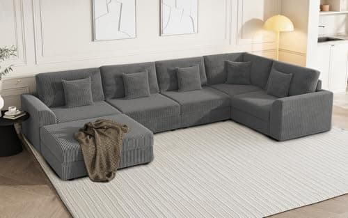 Modular Sectional Sofa, Oversized U Shaped Couch, Convertible Sleeper Sofa, 6 Seat Sofa with Chaise, Deep Seat Comfy Cloud Couch with Ottoman and Five Pillows for Living Room (U Shape Sectional, Gray) - Image 1