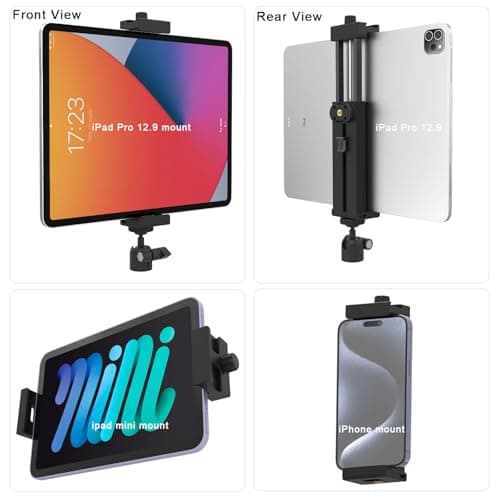 teefeet Adjustable Tripod Mount Adapter for iPad and Phone with 360°Ball Head ipad Clamp Mount with 1/4" Screw Holes, ipad Holder for Tripod Fits Most Size of Phones and Tablets - Black - Thumbnail 5
