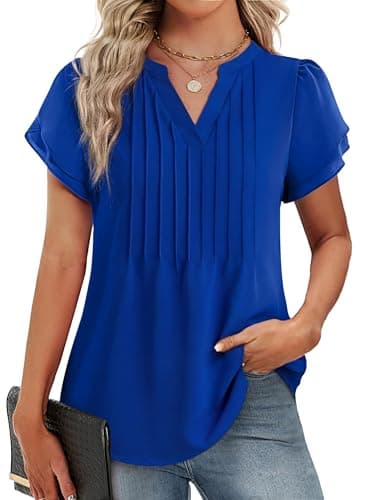 Funlingo Womens Blouses Dressy Casual Short Sleeve Top Summer V Neck Flowy Business Work Shirt Loose Fitting Pleated Outfit Royal Blue 3XL - Image 1