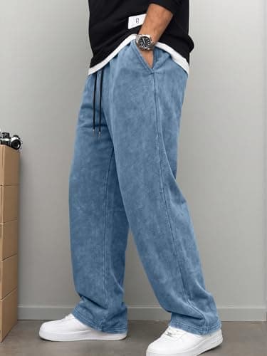 JMIERR Men's Big & Tall Sweatpants Acid Washed Baggy Wide Leg Cotton Drawstring Casual Streetwear Pants with Pockets, 2XL, Sail Blue - Thumbnail 4