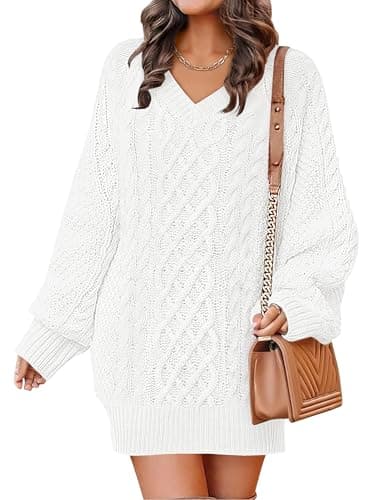 ANRABESS Womens Long Sleeve V Neck Oversized Cable Knit Mini Sweater Dresses 2026 Winter Fall Trendy Pullover Tunic Outfits White Large - Image 1