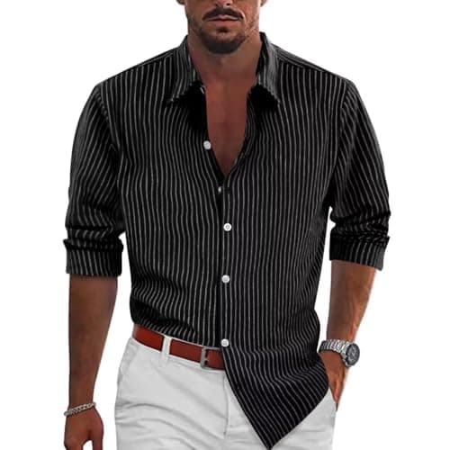 BAYAMO Men's Button-Down Striped Shirts Casual Long Sleeve Cotton Linen Collared Shirts Fashion Business Dress Shirt Black L - Thumbnail 2