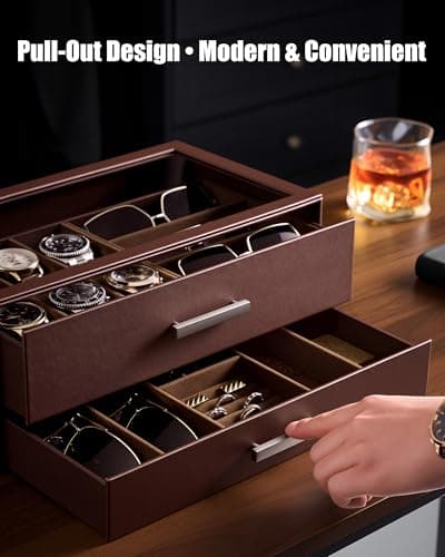 ProCase Mens Jewelry Box Pull-Out Drawer, 6 Slot Watch Case & 5 Slot Sunglasses Organizer, Fathers Day Gift for Dad, 2-Tier Leather Watch Box with Glass Display Top, Gift for Men & Women-Espresso - Thumbnail 3