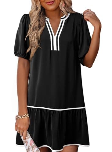 Dokotoo Summer Dresses for Women Short Sleeve V Neck Boho Color Block Black Mini Dress 2026 Spring Casual Trendy Beach Vacation Elegant Wedding Guest Dress with Pocket - Image 1
