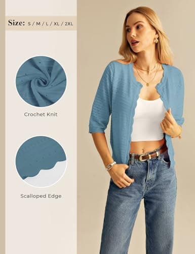 GRACE KARIN Womens Short Sleeve Cardigan Sweater, Lightweight Cropped Cardigan Trendy, Dressy Button Up Bolero Shrugs Light Blue - Thumbnail 5