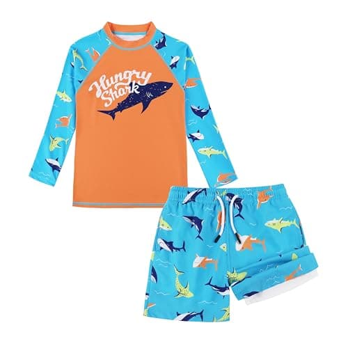 MILANKERR Tollder Kids Baby boy Swim Suit with Compression Lining,2t Swim Trunks Boys with Rash Guard UPF 50+ Blue Orange Shark