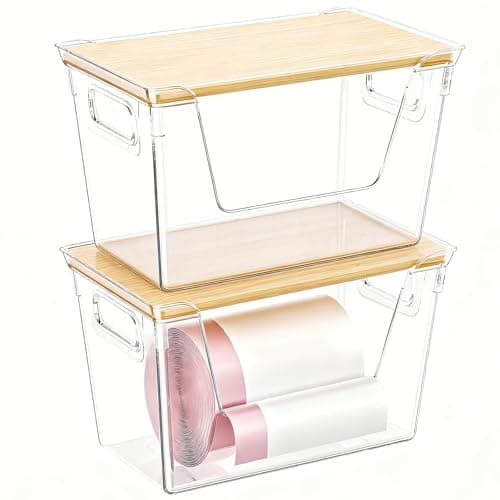 ShinyDew 2 Pack Trash Bag Dispenser with Bamboo Lid, Stackable Trash Bag Holder, Large Clear Garbage Bag Organizer for 4-33 Gal Bags, Space-Saving Under Sink Organizer for Kitchen, Laundry, Pantry - Image 1