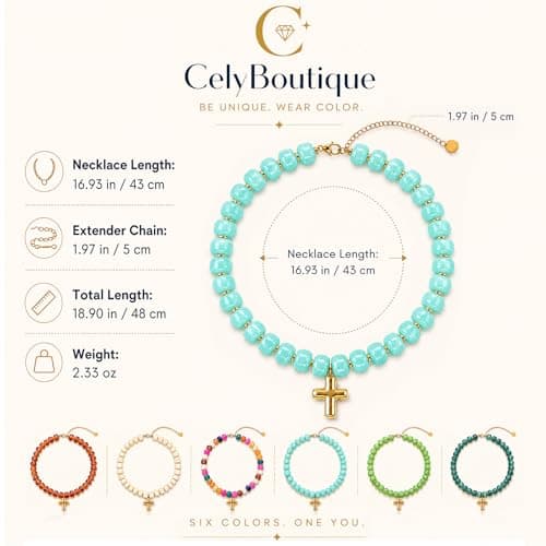 CelyBoutique Colorful Resin Chunky Beaded Necklace for Women Modern Statement Choker Necklace with Gold Tone Cross Pendant Boho Summer Jewelry Gift - Thumbnail 2
