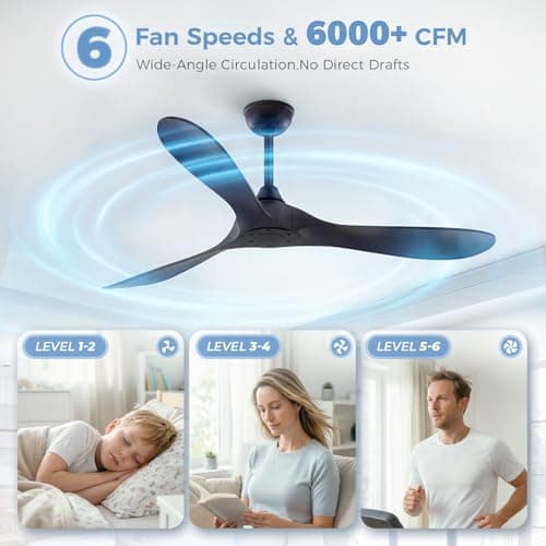 KASASS Black Ceiling Fan No Light, 52" Outdoor Fans for Patios/Porch/Bedroom/Kitchen with Remote, Noiseless, 3 Downrods, 6 Speed, Reversible DC Motor, Modern, 3 Blades, Timer - Thumbnail 3
