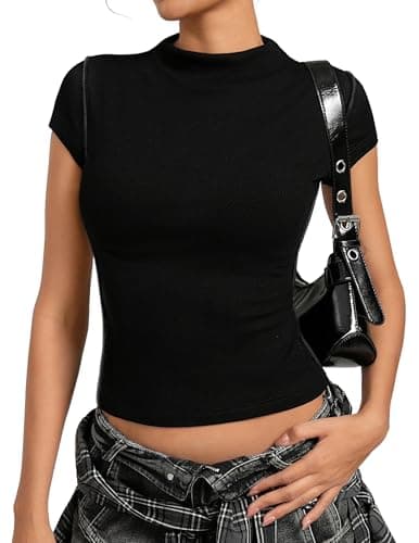 Womens Cap Sleeve Black Tops, Mock Neck Ribbed Raw Seam Y2K Going Out Crop Top, Trendy Fitted Cute Summer T Shirts - Image 1