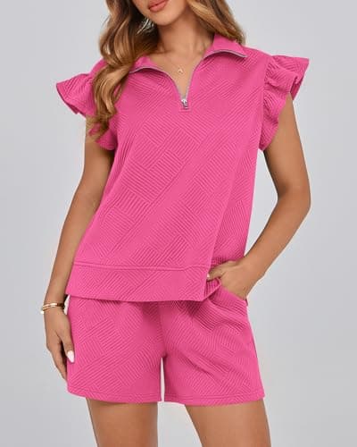 BTFBM Womens 2 Piece Outfits Spring Sweatsuit Zipper V Neck Casual Ruffle Cap Sleeve Tops Drawstring Shorts Lounge Sets(Rose Red, X-Large) - Thumbnail 5