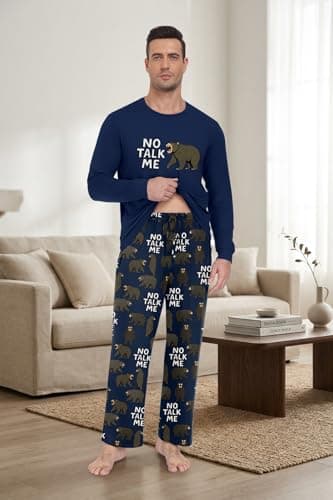 PrinStory No Talk Me Bear Pajamas For Men - Funny Introvert Graphic Sleepwear Cozy Loungewear Set Introvert Pajamas Funny Gift For Men XL - Thumbnail 4