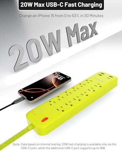 Omnibar USB Surge Bar 12 Power Strip - 12 Outlets 4 USB Ports(1 USB C), Multi Plug Outlet Extender with 6Ft Braided Extension Cord, 3600 J, Wall Mount, Flat Plug, Desk Charging Station for Office Home - Thumbnail 3