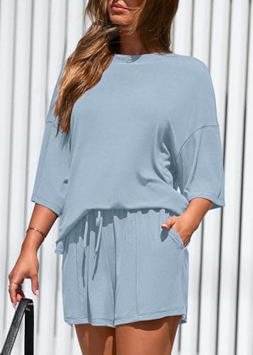 KIRUNDO 2 Piece Sets for Women Summer Lounge Sets Casual Oversized Tshirts Shorts Matching Airport Travel Outfits Postpartum(Light Blue, Medium) - Thumbnail 5