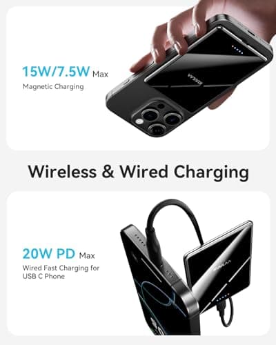 Kuulaa Magsafe Battery Pack 5000mAh, 0.27 in Ultra Slim Magsafe Portable Charger Slim Magnetic Apple Portable Charger 20W Power Delivery Power Bank for iPhone 17/16/15/14/13/12 Series,Black (Black-2) - Thumbnail 3