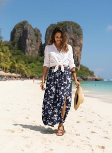 HiMONE Elegant Long Skirt for Women Boho Maxi Skirt with Elastic Waist Side Slit for Church Office Spring Wear - Thumbnail 3