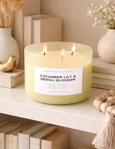 Cucumber Lily & Neroli Orange Blossom 3-Wick Soy Scented Candle, 15.8 oz | Spa Fresh Aromatherapy Candle | Large Scented Candle for Home, Long Lasting & Clean Burning - Thumbnail 4