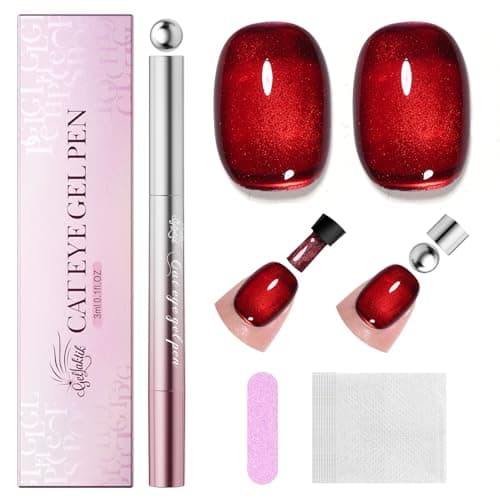 GELLAKTIK 7-in-1 Cat Eye Gel Nail Polish Pen, One Step Magnetic Gel Polish with Detachable Magnet, No Base/Top Coat Needed, Red Gel Nail Polish Glassy Soak Off UV LED Nail Art DIY Home Salon - Image 1