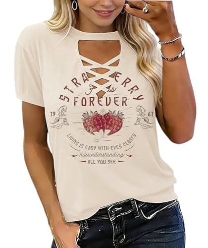 Strawberry Fields Forever Tshirt for Women's Short - Sleeve Prints Shirts V-Neck Graphic tees Casual Wear Tops(Apricot color3,L) - Image 1