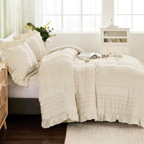 WONGS BEDDING Beige Ruffle Queen Comforter,Boho Shabby Chic Bedding for Queen Bed,Soft Seersucker Farmhouse Bedding Set with 1 Ruffled Comforter,2 Tufted Pillowcases 90"×90" - Thumbnail 3