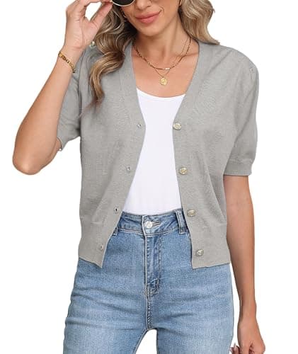 COSSEN Cardigan for Women Trendy Dressy Light Grey Medium V Neck Bolero Crop Coat Crochet Button Down Short Sleeve Short Tops Open Front Lightweight Jacket Summer Knit Cropped Shrug for Dress - Image 1